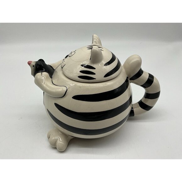 Pier 1 Imports Teapot Chubby Black & White Striped Cat Holding a Mouse as Spout - Picture 9 of 16